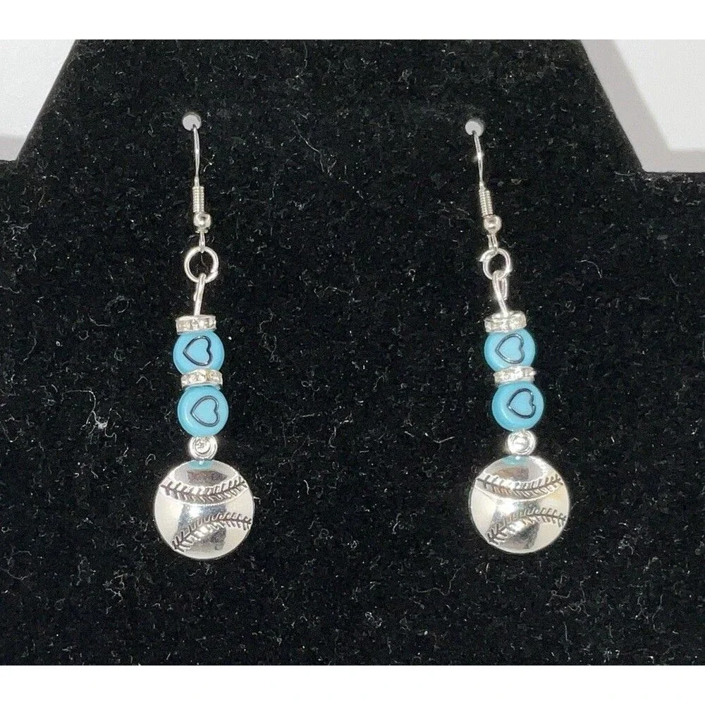 Baseball, Softball W/ BlueHearts Hook Earrings Shiny Finish Silver PlayBall New